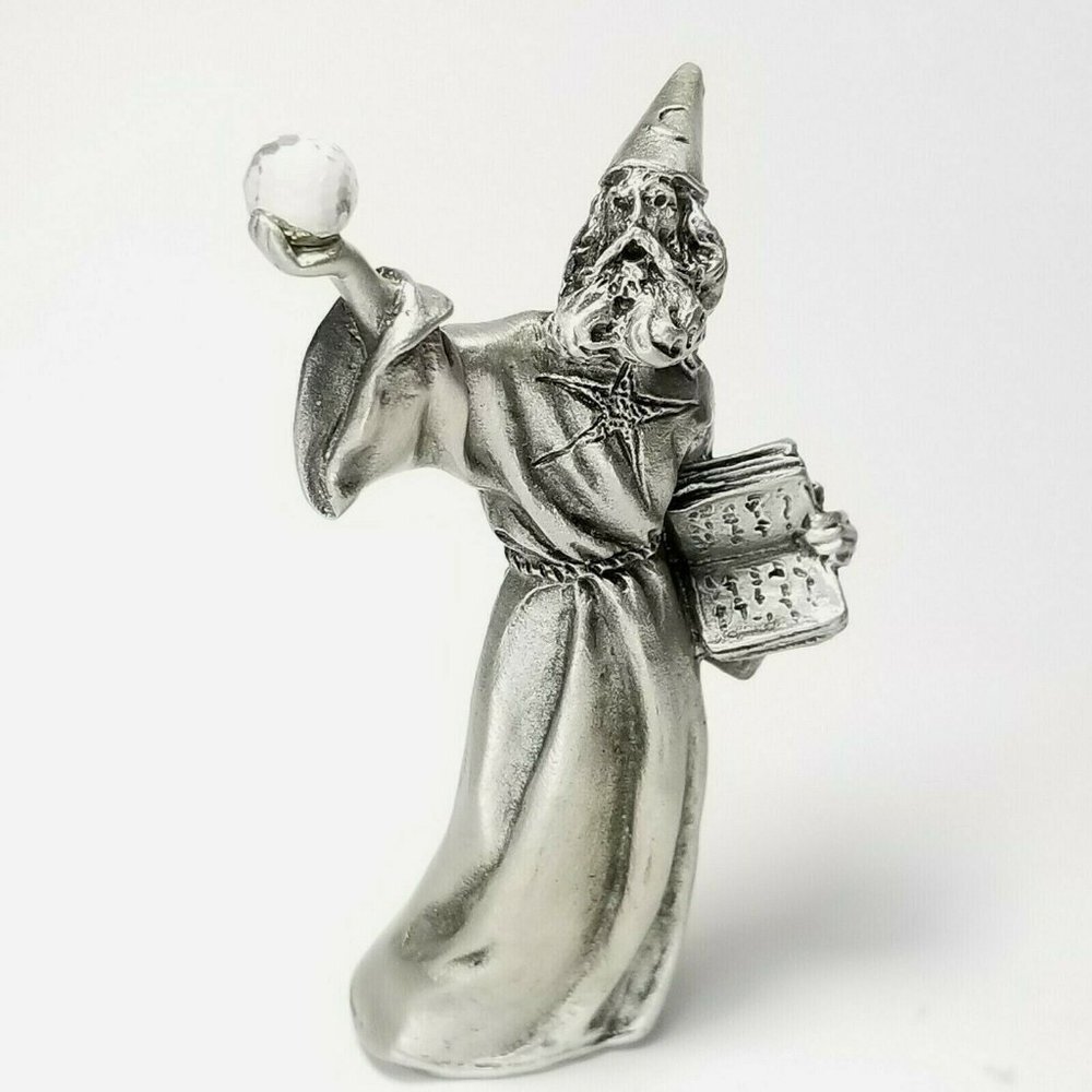Vintage 80s Hudson Pewter Wizard Holding Crystal Ball 2.25" Tall Merlin Gandalf
